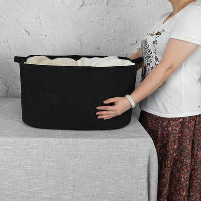 XUANGUO Large Rectangle Blankets Basket Living Room 22"x17"x12" Woven Cotton Rope Storage Baskets for Nursery Toy Baskets for Kids and Dogs Wicker Laundry Basket Bin for Clothes Towels black