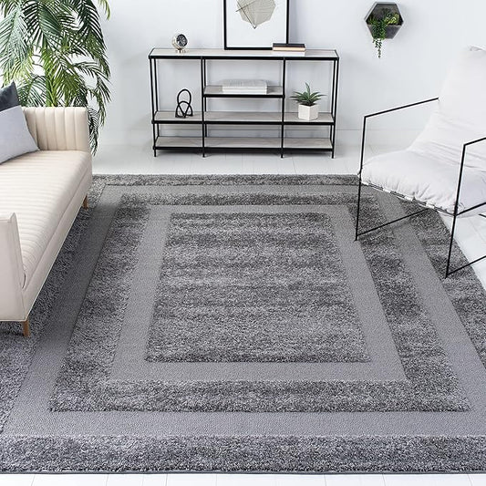 SAFAVIEH Florida Shag Collection Area Rug - 9'6" x 13', Grey & Grey, Border Design, Non-Shedding & Easy Care, 1.2-inch Thick Ideal for High Traffic Areas in Living Room, Bedroom (SG454-8080)