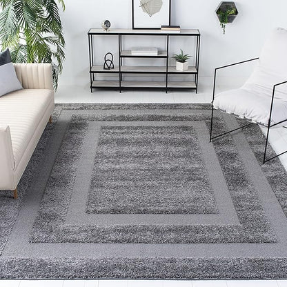 SAFAVIEH Florida Shag Collection Area Rug - 8'6" x 12', Grey & Grey, Border Design, Non-Shedding & Easy Care, 1.2-inch Thick Ideal for High Traffic Areas in Living Room, Bedroom (SG454-8080)