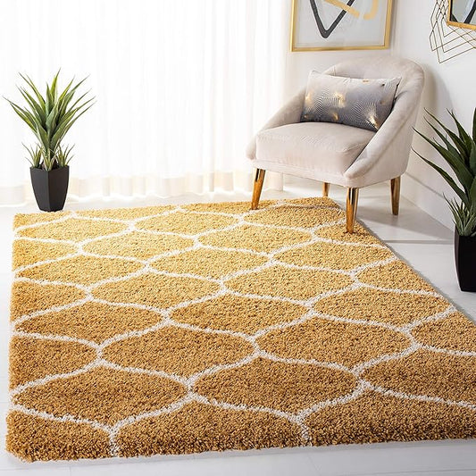 SAFAVIEH Hudson Shag Collection Accent Rug - 4' x 6', Gold & Ivory, Trellis Design, Non-Shedding & Easy Care, 2-inch Thick Ideal for High Traffic Areas in Entryway, Living Room, Bedroom (SGH280E)