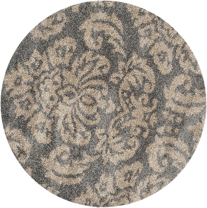 SAFAVIEH Florida Shag Collection 5' Round Grey/Beige SG460 Damask Non-Shedding Living Room Bedroom Dining Room Entryway Plush 1.2-inch Thick Area Rug