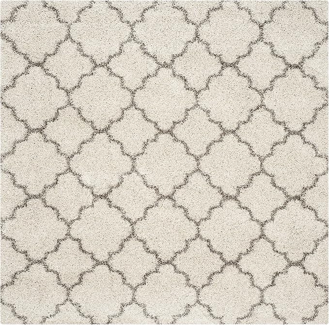 SAFAVIEH Hudson Shag Collection Area Rug - 7' Square, Ivory & Grey, Moroccan Trellis Design, Non-Shedding & Easy Care, 2-inch Thick Ideal for High Traffic Areas in Living Room, Bedroom (SGH282A)