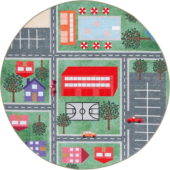 SAFAVIEH Kids Playhouse Collection Area Rug - 5' Round, Green & Charcoal, Non-Shedding Machine Washable & Slip Resistant Ideal for High Traffic Areas for Boys & Girls in Playroom, Bedroom (KPH200Y)