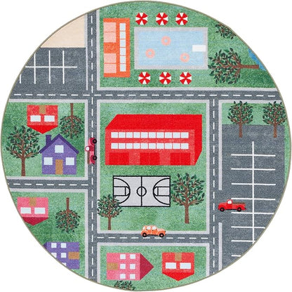 SAFAVIEH Kids Playhouse Collection Area Rug - 5' Round, Green & Charcoal, Non-Shedding Machine Washable & Slip Resistant Ideal for High Traffic Areas for Boys & Girls in Playroom, Bedroom (KPH200Y)