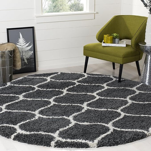 SAFAVIEH Hudson Shag Collection 5' Round Dark Grey/Ivory SGH280G Moroccan Ogee Trellis Non-Shedding Living Room Bedroom Dining Room Entryway Plush 2-inch Thick Area Rug