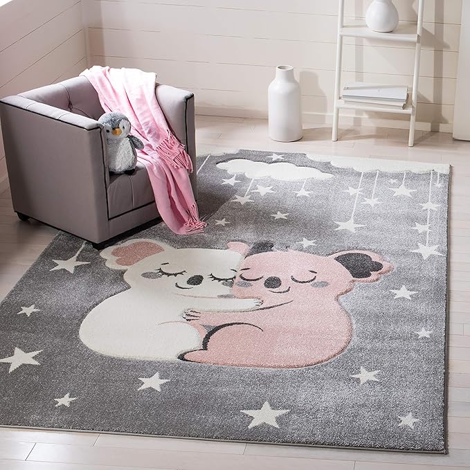 SAFAVIEH Carousel Kids Collection 5'3" Square Grey/Ivory CRK195F Koala Hug Non-Shedding Nursery Playroom Area Rug