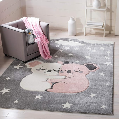 SAFAVIEH Carousel Kids Collection 5'3" Square Grey/Ivory CRK195F Koala Hug Non-Shedding Nursery Playroom Area Rug