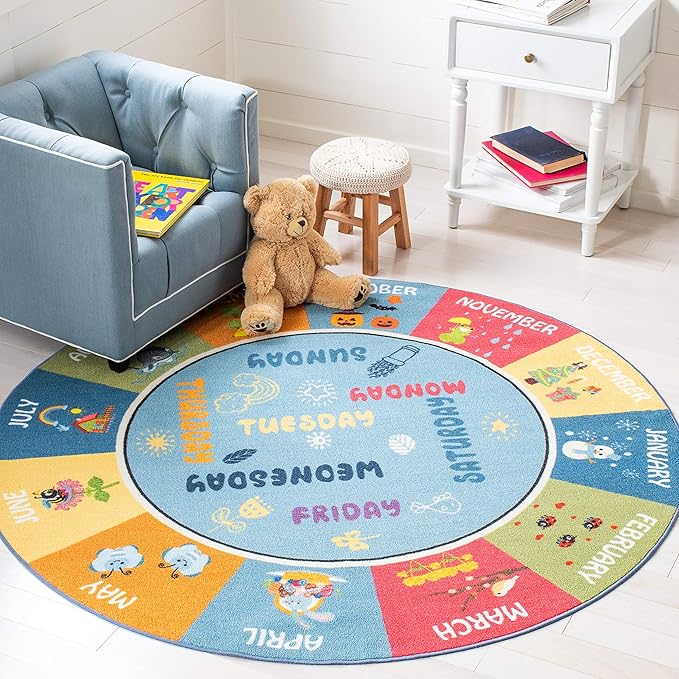 SAFAVIEH Kids Playhouse Collection Area Rug - 5' Round, Blue & Green, Non-Shedding Machine Washable & Slip Resistant Ideal for High Traffic Areas for Boys & Girls in Playroom, Nursery (KPH224M)