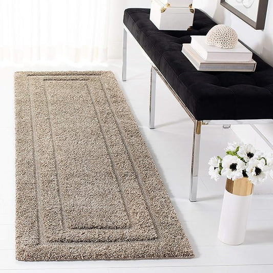 SAFAVIEH Florida Shag Collection Runner Rug - 2'3" x 9', Beige & Beige, Border Design, Non-Shedding & Easy Care, 1.2-inch Thick Ideal for High Traffic Areas in Living Room, Bedroom (SG454-1313)