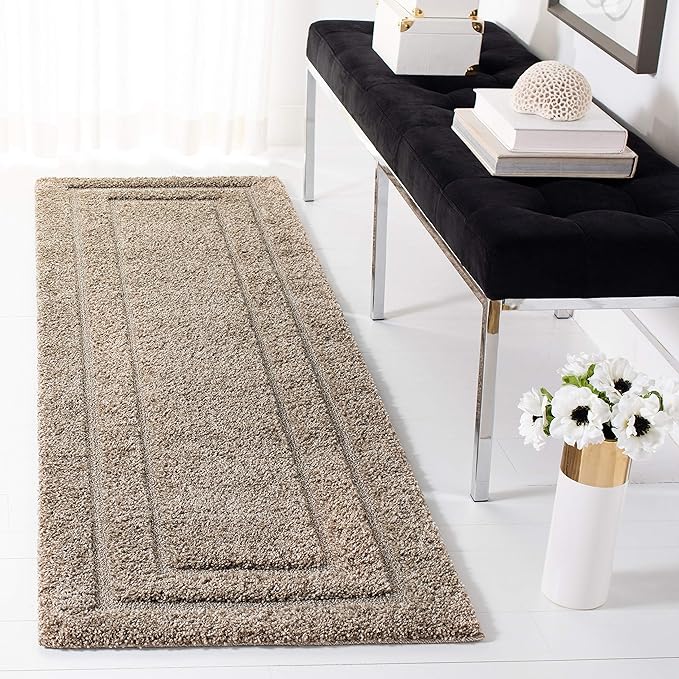 SAFAVIEH Florida Shag Collection Runner Rug - 2'3" x 15', Beige & Beige, Border Design, Non-Shedding & Easy Care, 1.2-inch Thick Ideal for High Traffic Areas in Living Room, Bedroom (SG454-1313)