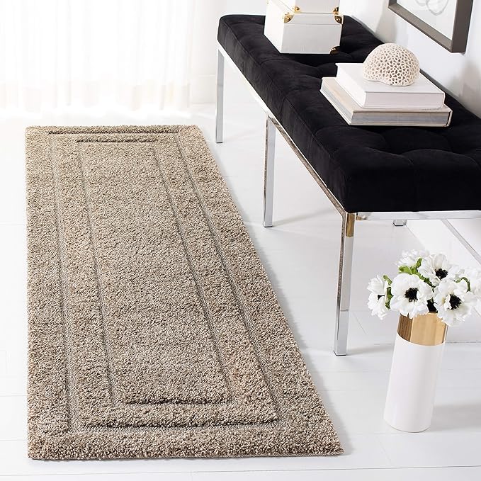 SAFAVIEH Florida Shag Collection Runner Rug - 2'3" x 13', Beige & Beige, Border Design, Non-Shedding & Easy Care, 1.2-inch Thick Ideal for High Traffic Areas in Living Room, Bedroom (SG454-1313)