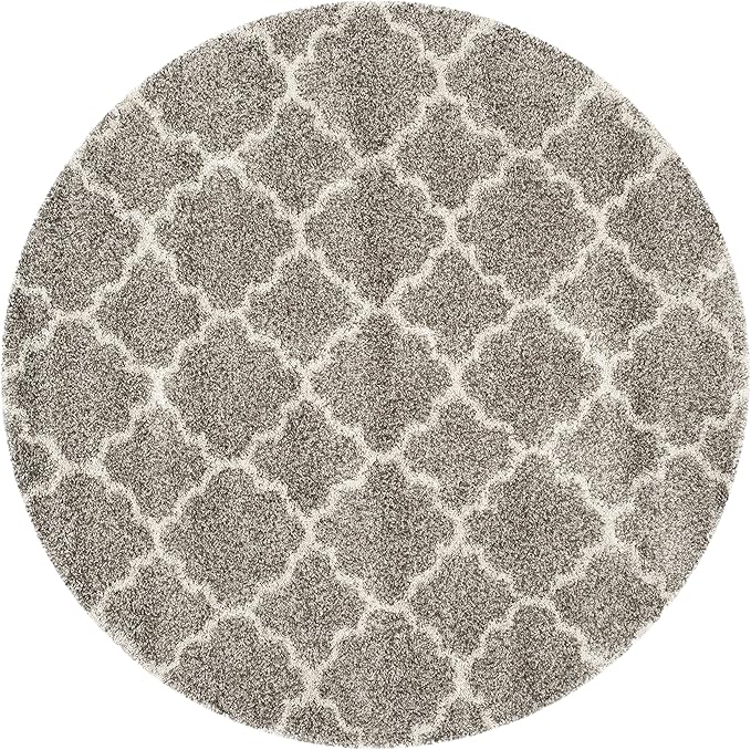 SAFAVIEH Hudson Shag Collection 7' Round Grey/Ivory SGH282B Moroccan Trellis Non-Shedding Living Room Bedroom Dining Room Entryway Plush 2-inch Thick Area Rug
