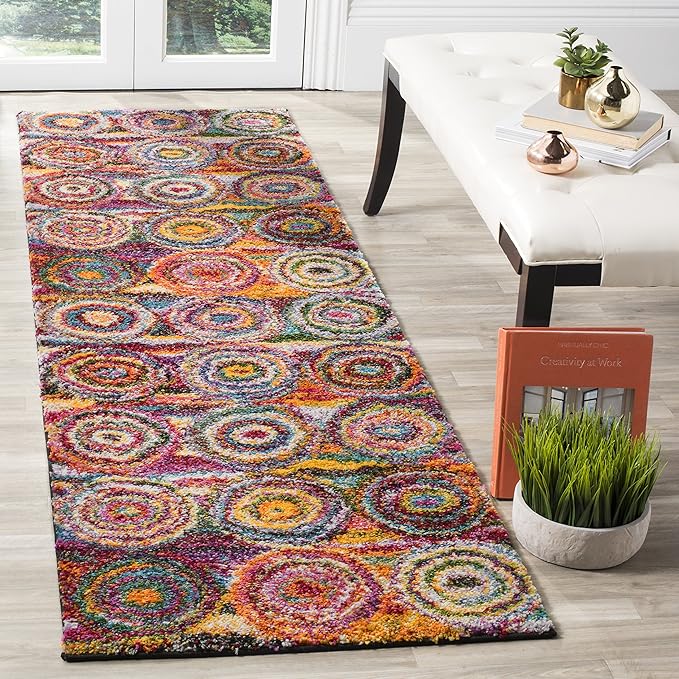 SAFAVIEH Fiesta Shag Collection 2'3" x 10' Multi FSG359M Modern Circles Abstract Non-Shedding Living Room Bedroom Dining Room Entryway Kids Runner Rug