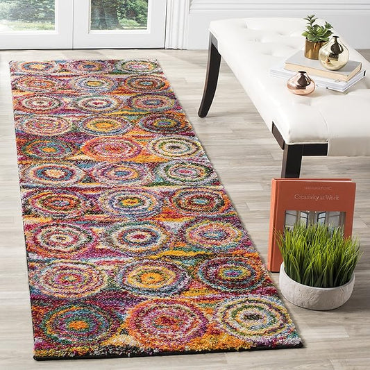 SAFAVIEH Fiesta Shag Collection 2'3" x 6' Multi FSG359M Modern Circles Abstract Non-Shedding Living Room Bedroom Dining Room Entryway Kids Runner Rug