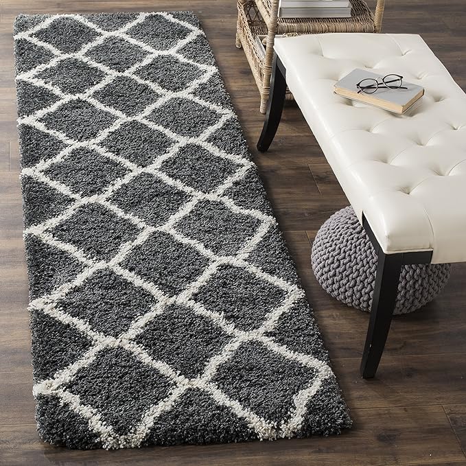 SAFAVIEH Hudson Shag Collection Runner Rug - 2'3" x 6', Dark Grey & Ivory, Moroccan Trellis, Non-Shedding & Easy Care, 2-inch Thick Ideal for High Traffic Areas in Living Room, Bedroom (SGH283G)