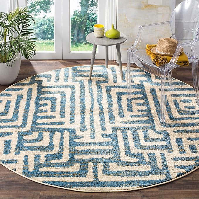 SAFAVIEH Amsterdam Collection 6'7" Round Ivory / Light Blue AMS106C Modern Abstract Non-Shedding Dining Room Entryway Foyer Living Room Bedroom Area Rug