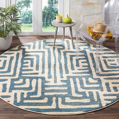 SAFAVIEH Amsterdam Collection 6'7" Round Ivory / Light Blue AMS106C Modern Abstract Non-Shedding Dining Room Entryway Foyer Living Room Bedroom Area Rug