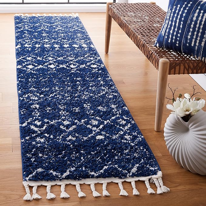 SAFAVIEH Berber Fringe Shag Collection Runner Rug - 2'2" x 8', Navy & Ivory, Moroccan Design, Non-Shedding & Easy Care, 1.2-inch Thick Ideal for High Traffic Areas in Living Room, Bedroom (BFG516N)