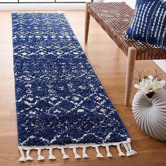 SAFAVIEH Berber Fringe Shag Collection Runner Rug - 2'2" x 8', Navy & Ivory, Moroccan Design, Non-Shedding & Easy Care, 1.2-inch Thick Ideal for High Traffic Areas in Living Room, Bedroom (BFG516N)