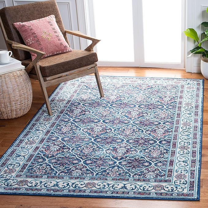 SAFAVIEH Brentwood Collection 3' x 5' Navy / Red BNT870N Oriental Damask Trellis Non-Shedding Living Room Bedroom Accent Rug