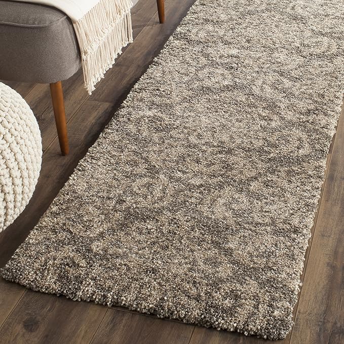 SAFAVIEH Florida Shag Collection Runner Rug - 2'3" x 13', Smoke & Beige, Damask Design, Non-Shedding & Easy Care, 1.2-inch Thick Ideal for High Traffic Areas in Living Room, Bedroom (SG460-7913)