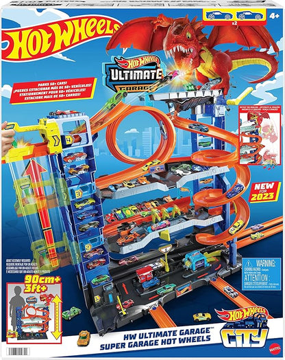 Hot Wheels City Ultimate Garage Track Set with 2 Die-Cast Toy Cars & Car-Eating Dragon, Stores 50+ Vehicles, 4 Levels