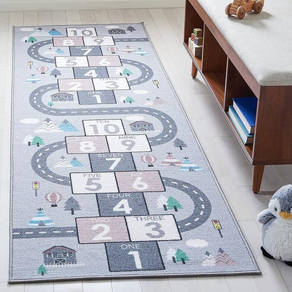 SAFAVIEH Kids Playhouse Collection Runner Rug - 2'2" x 6', Grey & Pink, Hopscotch, Non-Shedding & Easy Care, Machine Washable Ideal for High Traffic Areas in Playroom, Nursery, Bedroom (KPH226A)