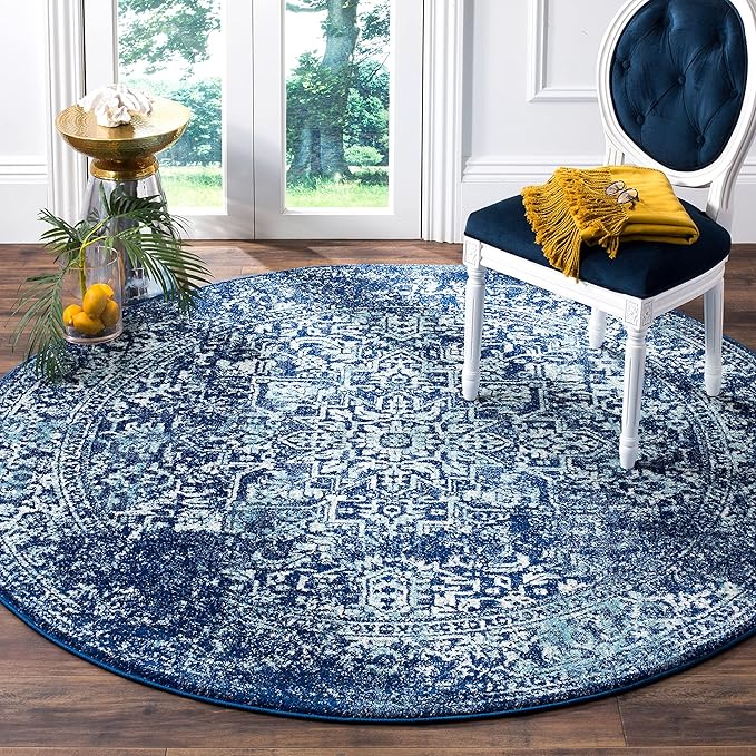 SAFAVIEH Evoke Collection 5'1" Round Navy/Ivory EVK256A Oriental Distressed Non-Shedding Dining Room Entryway Foyer Living Room Bedroom Area Rug