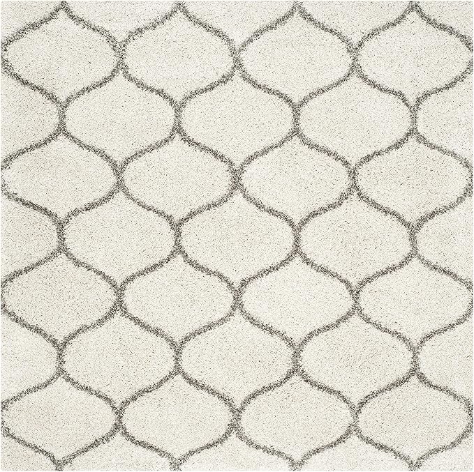 SAFAVIEH Hudson Shag Collection 3' Square Ivory/Grey SGH280A Moroccan Ogee Trellis Non-Shedding Living Room Bedroom Dining Room Entryway Plush 2-inch Thick Area Rug