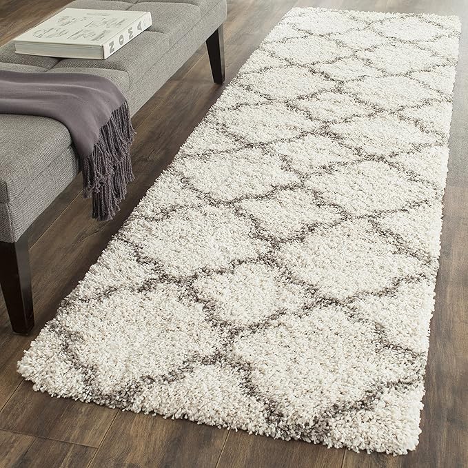 SAFAVIEH Hudson Shag Collection Runner Rug - 2'3" x 14', Ivory & Grey, Moroccan Trellis Design, Non-Shedding & Easy Care, 2-inch Thick Ideal for High Traffic Areas in Living Room, Bedroom (SGH282A)
