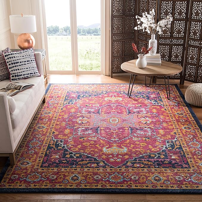 SAFAVIEH Evoke Collection 10' x 14' Fuchsia / Orange EVK275S Oriental Medallion Distressed Non-Shedding Living Room Bedroom Dining Home Office Area Rug