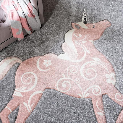 SAFAVIEH Carousel Kids Collection 6'7" Square Grey/Pink CRK163F Unicorn Non-Shedding Playroom Nursery Bedroom Area Rug