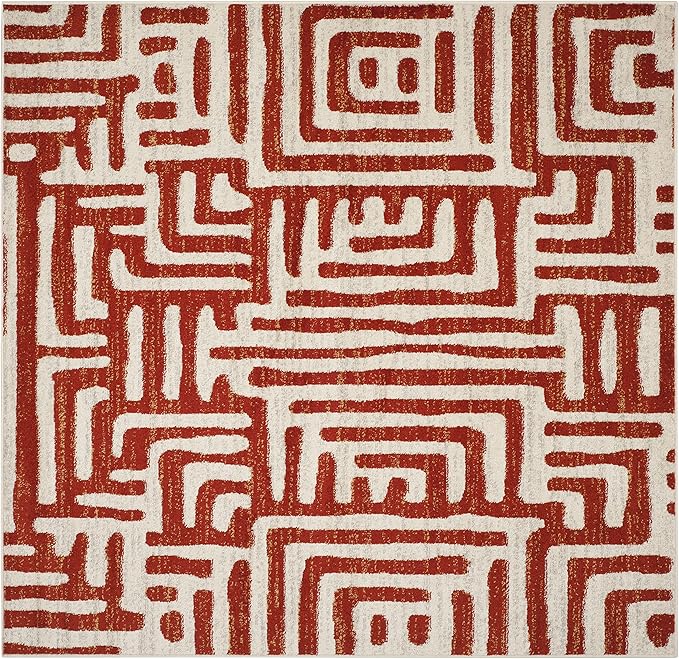 SAFAVIEH Amsterdam Collection 6'7" Square Ivory / Terracotta AMS106B Modern Abstract Non-Shedding Living Room Bedroom Area Rug