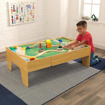 KidKraft Double-Sided Wooden Train and Activity Table with Built-in Storage Drawer, Natural, Gift for Ages 3+