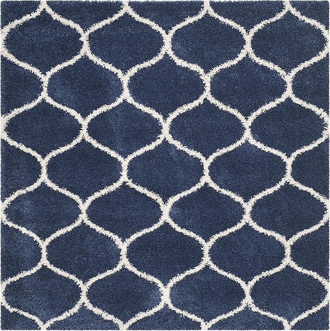 SAFAVIEH Hudson Shag Collection 5' Square Navy/Ivory SGH280C Moroccan Ogee Trellis Non-Shedding Living Room Bedroom Dining Room Entryway Plush 2-inch Thick Area Rug