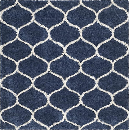 SAFAVIEH Hudson Shag Collection 5' Square Navy/Ivory SGH280C Moroccan Ogee Trellis Non-Shedding Living Room Bedroom Dining Room Entryway Plush 2-inch Thick Area Rug