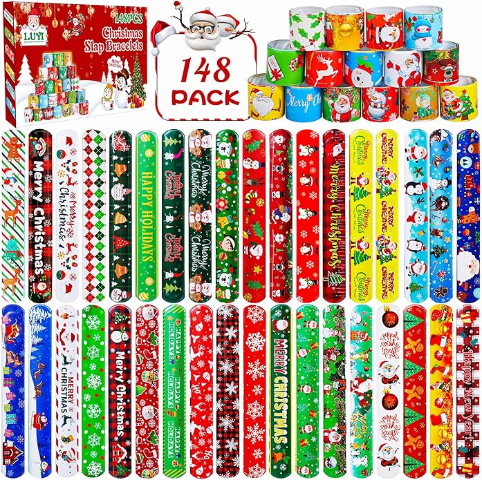 LUYI 60 PCS Christmas Slap Bracelets, Christmas Party Favors Toys for Kids Xmas Slap Wristbands Snap Bracelets Bulk for Christmas Stocking Stuffers Decoration Gifts Bag Filler