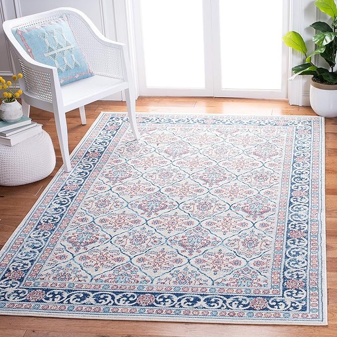 SAFAVIEH Brentwood Collection 5'3" x 7'6" Beige / Navy BNT870B Oriental Damask Trellis Non-Shedding Living Room Bedroom Dining Home Office Area Rug