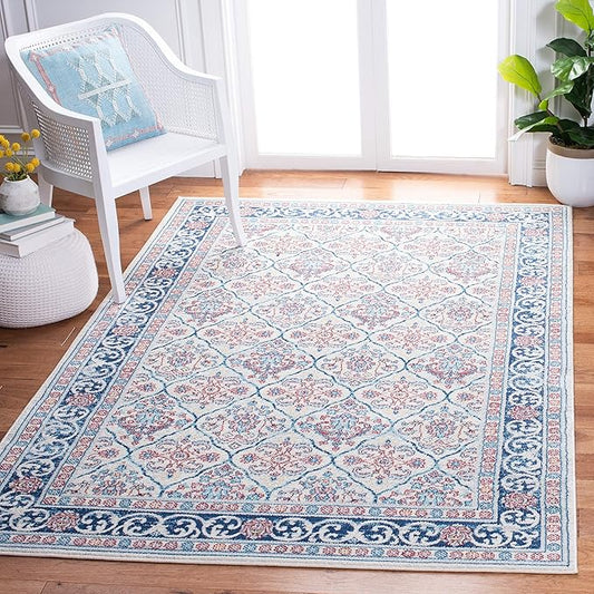 SAFAVIEH Brentwood Collection 5'3" x 7'6" Beige / Navy BNT870B Oriental Damask Trellis Non-Shedding Living Room Bedroom Dining Home Office Area Rug