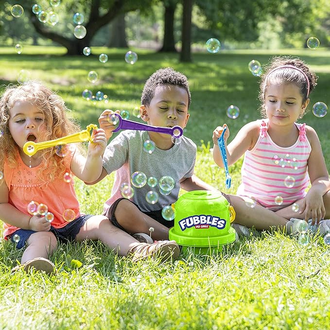 Fubbles Bubbles No-Spill Big Bubble Bucket in Green | Bubbles for Toddlers and Kids of All Ages | Includes Fubbles Bubbles Bucket and 3 Bubble Wands, Made in The USA