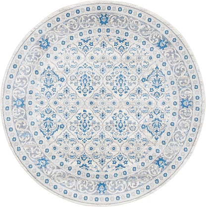 SAFAVIEH Brentwood Collection Area Rug - 6'7" Round, Ivory & Blue, Oriental Damask Trellis Design, Non-Shedding & Easy Care, Ideal for High Traffic Areas in Living Room, Bedroom (BNT870A)