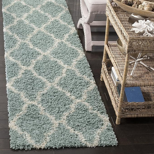 SAFAVIEH Dallas Shag Collection Runner Rug - 2'3" x 12', Seafoam & Ivory, Trellis Design, Non-Shedding & Easy Care, 1.5-inch Thick Ideal for High Traffic Areas in Living Room, Bedroom (SGDS257C)