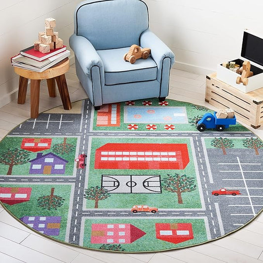 SAFAVIEH Kids Playhouse Collection Area Rug - 5' Round, Green & Charcoal, Non-Shedding Machine Washable & Slip Resistant Ideal for High Traffic Areas for Boys & Girls in Playroom, Bedroom (KPH200Y)