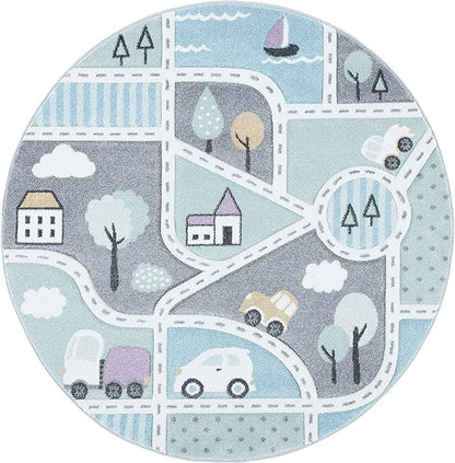 SAFAVIEH Carousel Kids Collection 6'7" Round Grey/Light Blue CRK193F Neighborhood Non-Shedding Nursery Playroom Area Rug