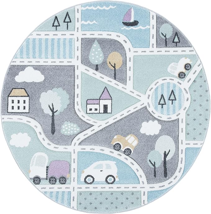 SAFAVIEH Carousel Kids Collection Area Rug - 8' Round, Grey & Light Blue, Non-Shedding & Easy Care, Ideal for High Traffic Areas for Boys & Girls in Playroom, Nursery, Bedroom (CRK193F)