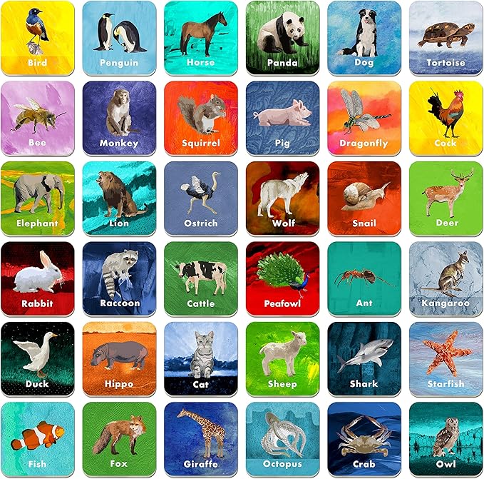 Hebayy 36 Pair Animal Matching Game Flash Cards Erasable (Each Measures 2” X 2”)