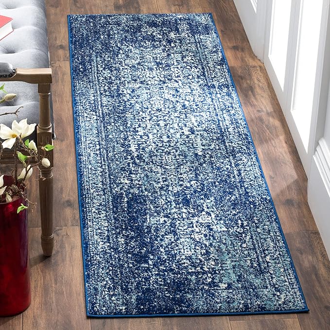 SAFAVIEH Evoke Collection 2'2" x 17' Navy/Ivory EVK256A Oriental Distressed Non-Shedding Living Room Bedroom Runner Rug