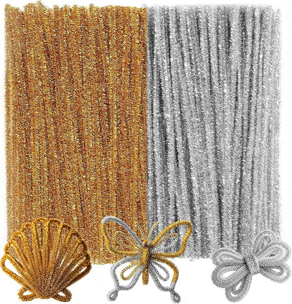 Caydo 200 Pieces Glitter Golden & Silver Pipe Cleaners, Thick Fluffy Chenille Stems, Pipe Cleaner Crafts for Arts & Crafts, Perfect for Making Animals, Flowers, and Easter Decorations