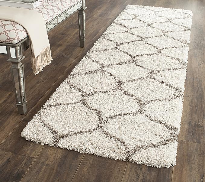 SAFAVIEH Hudson Shag Collection Runner Rug - 2'3" x 6', Ivory & Grey, Moroccan Trellis Design, Non-Shedding & Easy Care, 2-inch Thick Ideal for High Traffic Areas in Living Room, Bedroom (SGH280A)