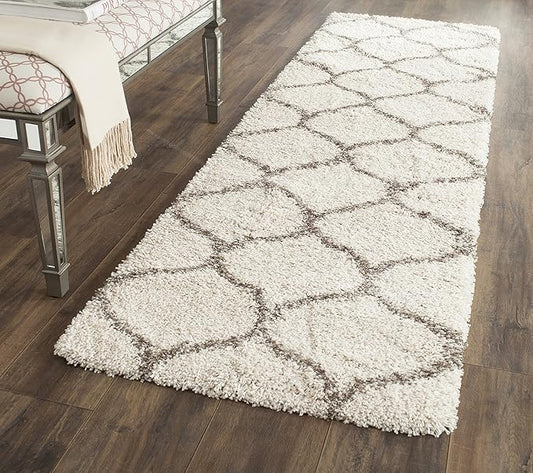 SAFAVIEH Hudson Shag Collection Runner Rug - 2'3" x 20', Ivory & Grey, Moroccan Trellis Design, Non-Shedding & Easy Care, 2-inch Thick Ideal for High Traffic Areas in Living Room, Bedroom (SGH280A)